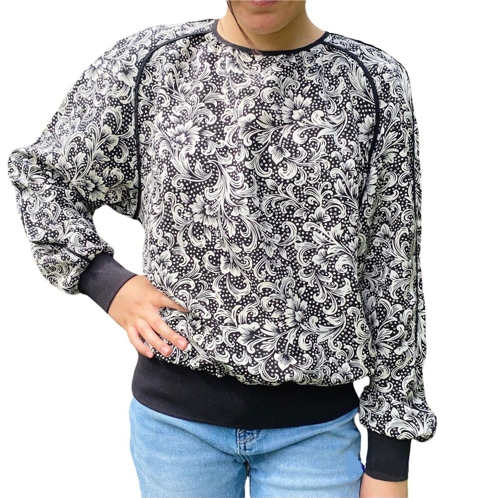 Koret Blouse Top Womens Size Medium Black Cream Vintage 90s Long Sleeve Foliage